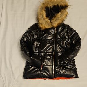 Women's Black Puffer Jacket with Faux Fur Hood